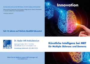 Kuenstliche Intelligenz bei MRT sinnbildlich dargestellt mit einem virtuellen und einem realen Finger, die ein grafisch dargestelltes Gehirn beruehren
